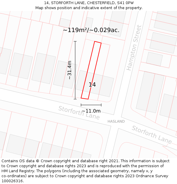 14, STORFORTH LANE, CHESTERFIELD, S41 0PW: Plot and title map