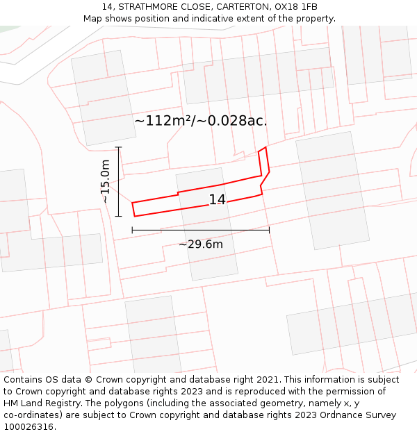 14, STRATHMORE CLOSE, CARTERTON, OX18 1FB: Plot and title map