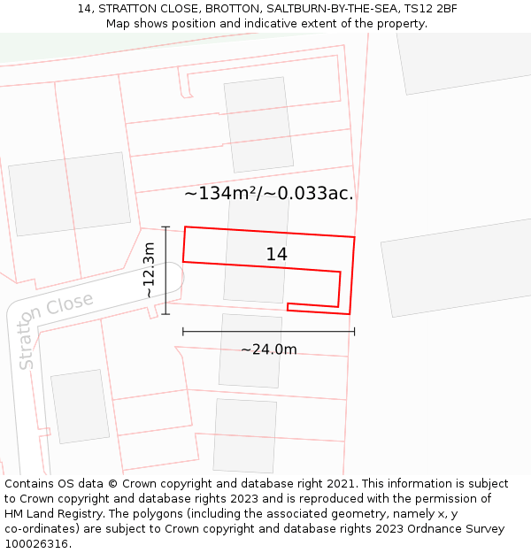 14, STRATTON CLOSE, BROTTON, SALTBURN-BY-THE-SEA, TS12 2BF: Plot and title map
