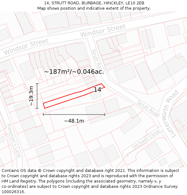 14, STRUTT ROAD, BURBAGE, HINCKLEY, LE10 2EB: Plot and title map