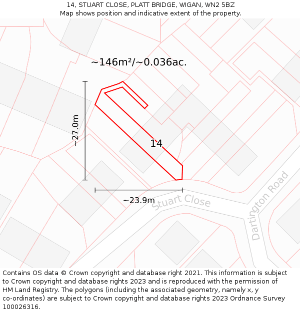 14, STUART CLOSE, PLATT BRIDGE, WIGAN, WN2 5BZ: Plot and title map