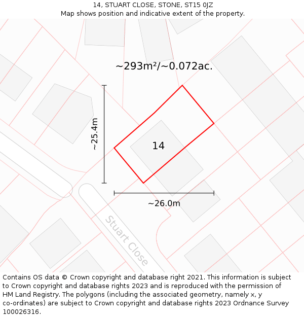14, STUART CLOSE, STONE, ST15 0JZ: Plot and title map