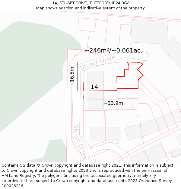 14, STUART DRIVE, THETFORD, IP24 3GA: Plot and title map
