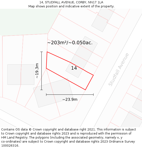 14, STUDFALL AVENUE, CORBY, NN17 1LA: Plot and title map