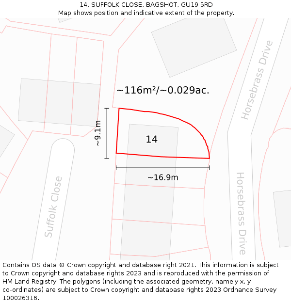 14, SUFFOLK CLOSE, BAGSHOT, GU19 5RD: Plot and title map