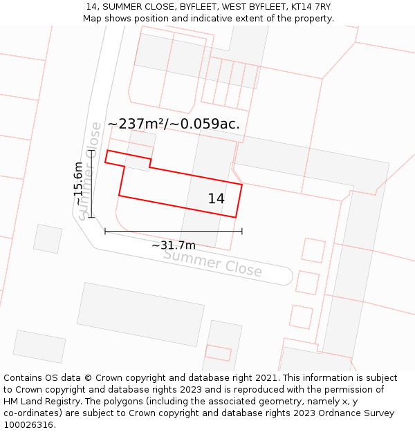 14, SUMMER CLOSE, BYFLEET, WEST BYFLEET, KT14 7RY: Plot and title map