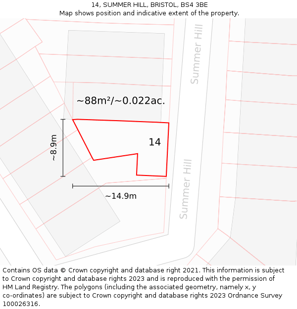 14, SUMMER HILL, BRISTOL, BS4 3BE: Plot and title map