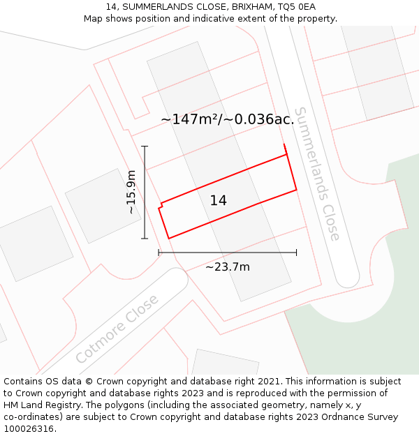 14, SUMMERLANDS CLOSE, BRIXHAM, TQ5 0EA: Plot and title map