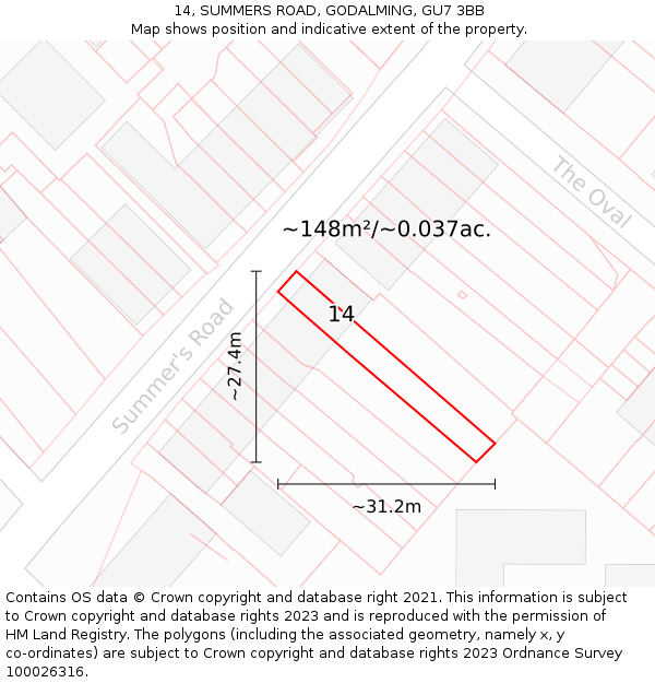 14, SUMMERS ROAD, GODALMING, GU7 3BB: Plot and title map