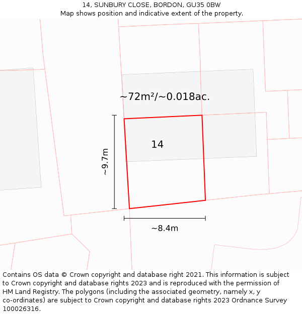 14, SUNBURY CLOSE, BORDON, GU35 0BW: Plot and title map