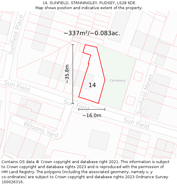 14, SUNFIELD, STANNINGLEY, PUDSEY, LS28 6DE: Plot and title map