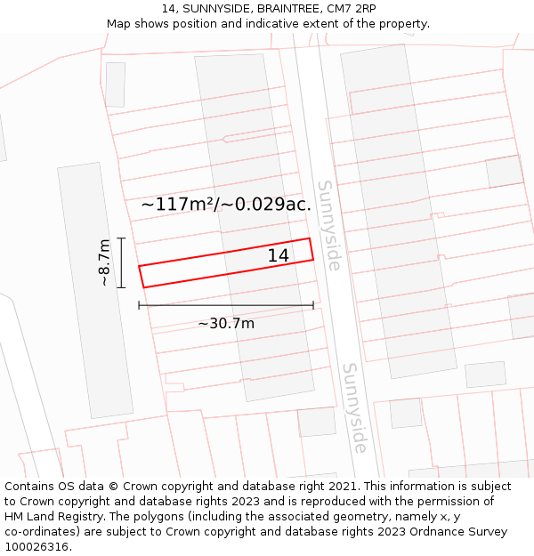 14, SUNNYSIDE, BRAINTREE, CM7 2RP: Plot and title map