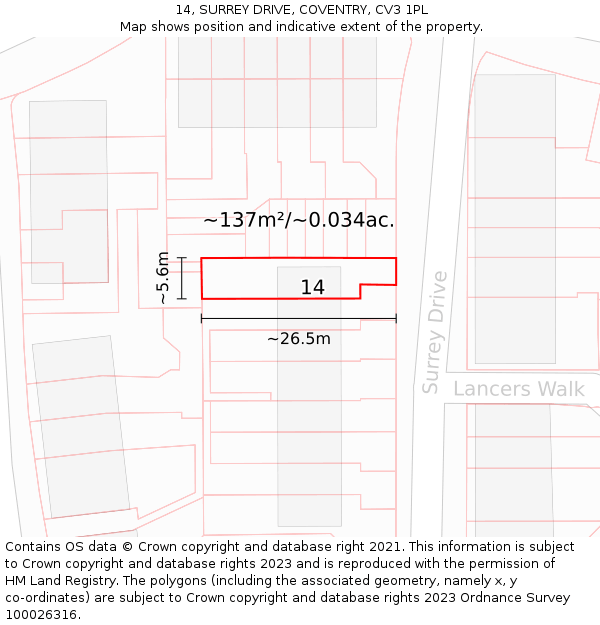 14, SURREY DRIVE, COVENTRY, CV3 1PL: Plot and title map