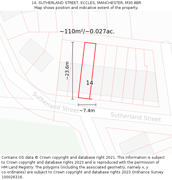 14, SUTHERLAND STREET, ECCLES, MANCHESTER, M30 8BR: Plot and title map