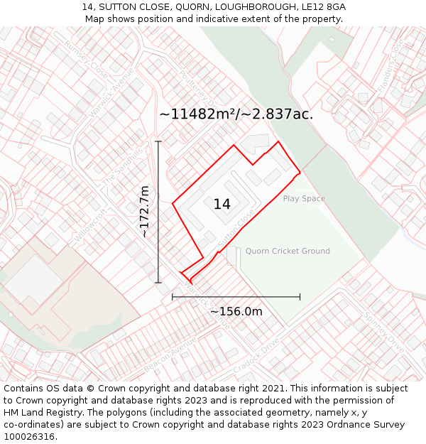 14, SUTTON CLOSE, QUORN, LOUGHBOROUGH, LE12 8GA: Plot and title map
