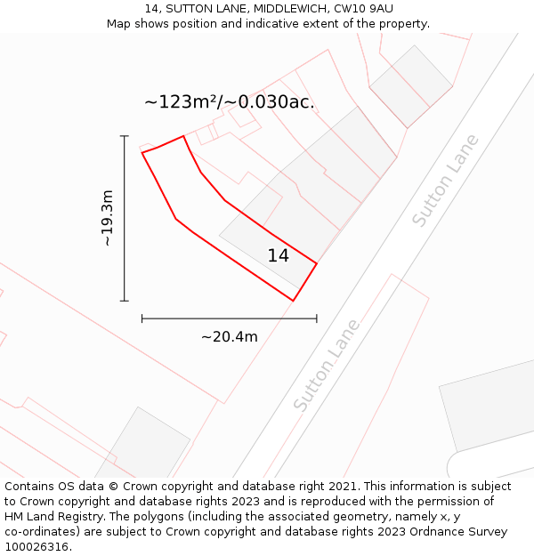 14, SUTTON LANE, MIDDLEWICH, CW10 9AU: Plot and title map