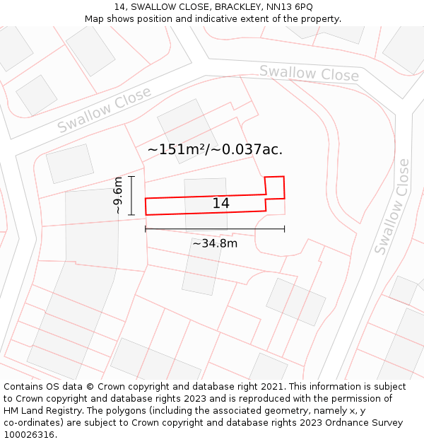 14, SWALLOW CLOSE, BRACKLEY, NN13 6PQ: Plot and title map