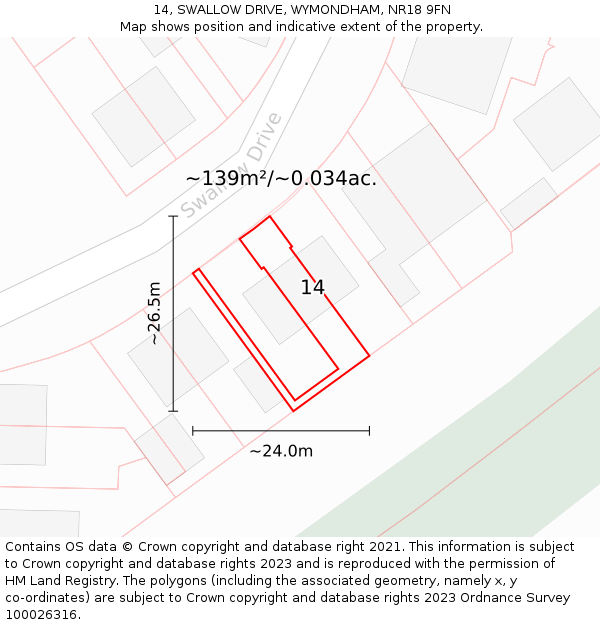 14, SWALLOW DRIVE, WYMONDHAM, NR18 9FN: Plot and title map
