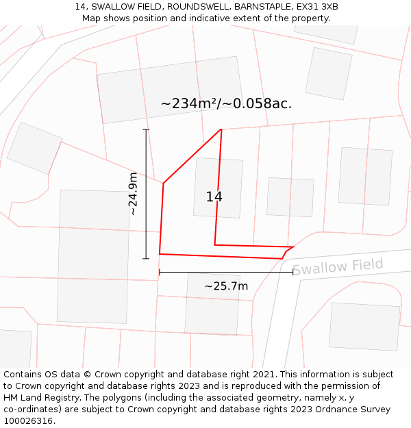 14, SWALLOW FIELD, ROUNDSWELL, BARNSTAPLE, EX31 3XB: Plot and title map