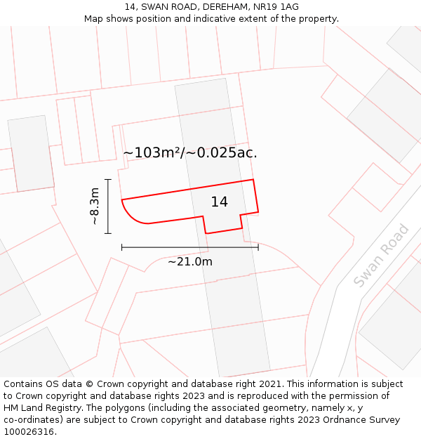 14, SWAN ROAD, DEREHAM, NR19 1AG: Plot and title map
