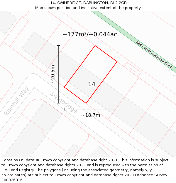 14, SWINBRIDGE, DARLINGTON, DL2 2GB: Plot and title map