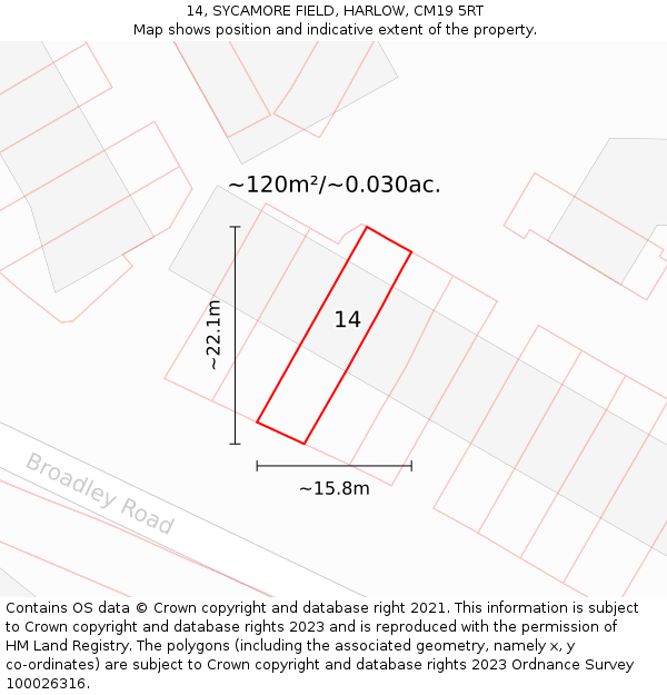 14, SYCAMORE FIELD, HARLOW, CM19 5RT: Plot and title map