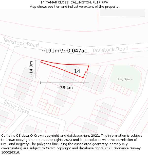 14, TAMAR CLOSE, CALLINGTON, PL17 7PW: Plot and title map