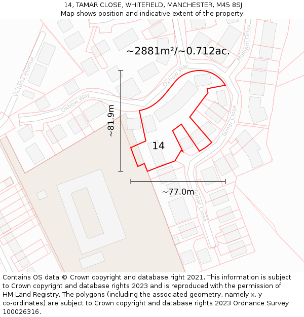 14, TAMAR CLOSE, WHITEFIELD, MANCHESTER, M45 8SJ: Plot and title map