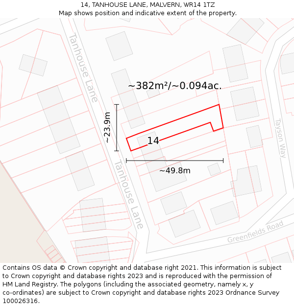 14, TANHOUSE LANE, MALVERN, WR14 1TZ: Plot and title map
