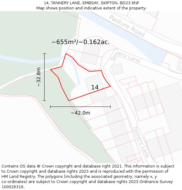 14, TANNERY LANE, EMBSAY, SKIPTON, BD23 6NF: Plot and title map
