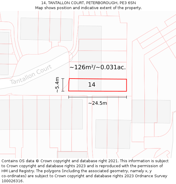 14, TANTALLON COURT, PETERBOROUGH, PE3 6SN: Plot and title map