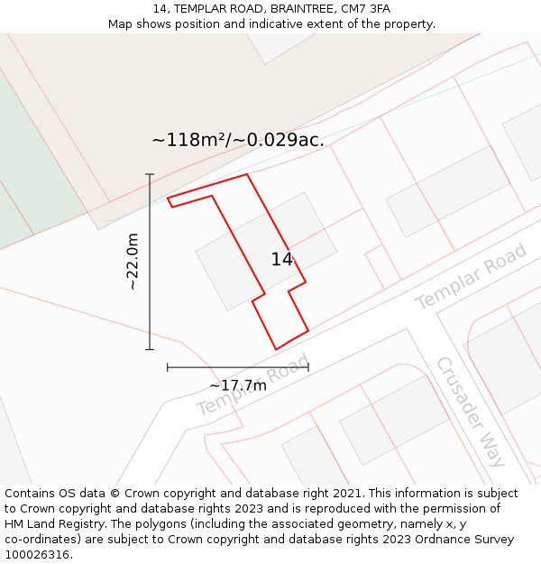 14, TEMPLAR ROAD, BRAINTREE, CM7 3FA: Plot and title map