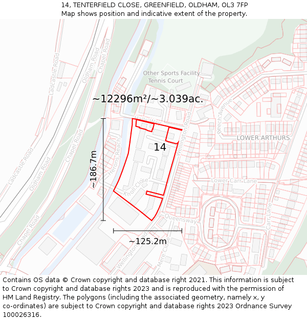 14, TENTERFIELD CLOSE, GREENFIELD, OLDHAM, OL3 7FP: Plot and title map