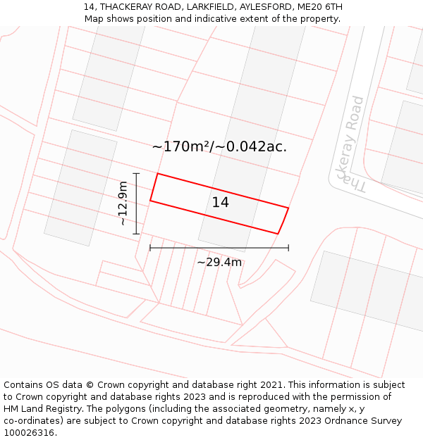 14, THACKERAY ROAD, LARKFIELD, AYLESFORD, ME20 6TH: Plot and title map