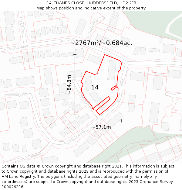 14, THANES CLOSE, HUDDERSFIELD, HD2 2FR: Plot and title map