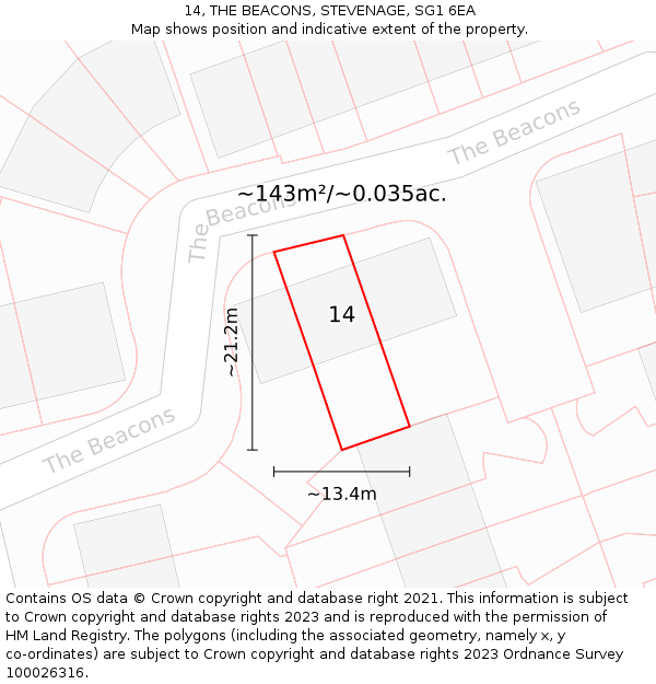 14, THE BEACONS, STEVENAGE, SG1 6EA: Plot and title map