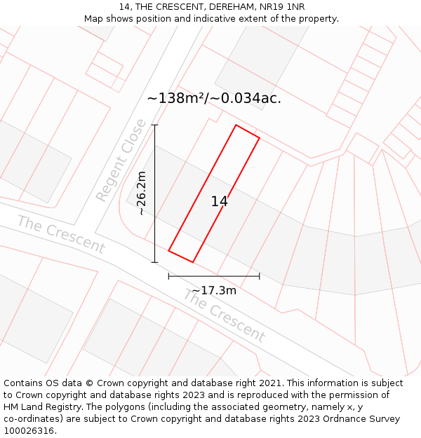 14, THE CRESCENT, DEREHAM, NR19 1NR: Plot and title map