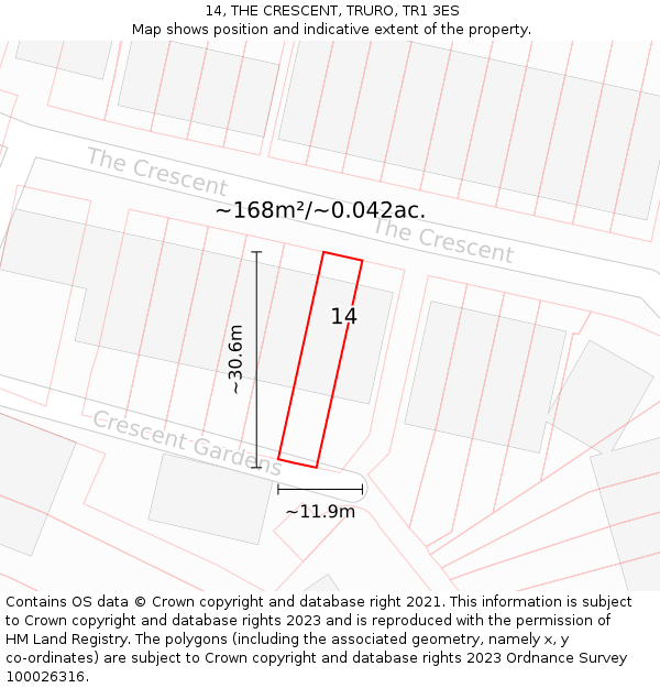 14, THE CRESCENT, TRURO, TR1 3ES: Plot and title map