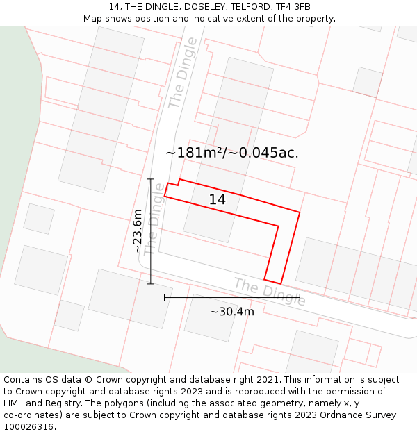 14, THE DINGLE, DOSELEY, TELFORD, TF4 3FB: Plot and title map