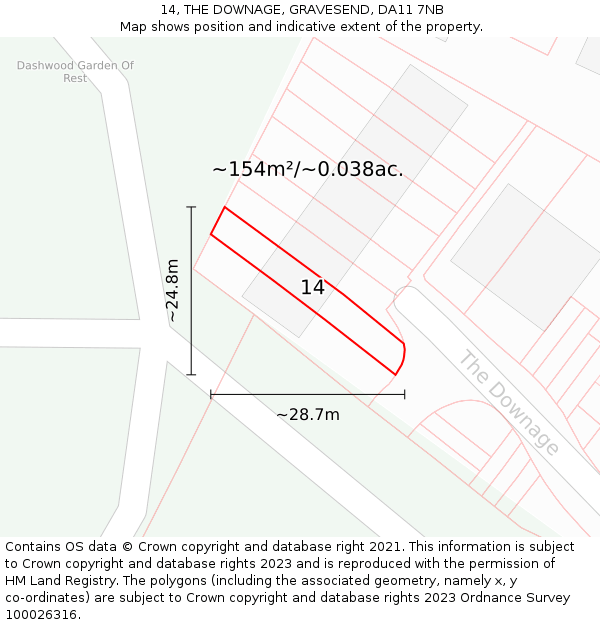 14, THE DOWNAGE, GRAVESEND, DA11 7NB: Plot and title map