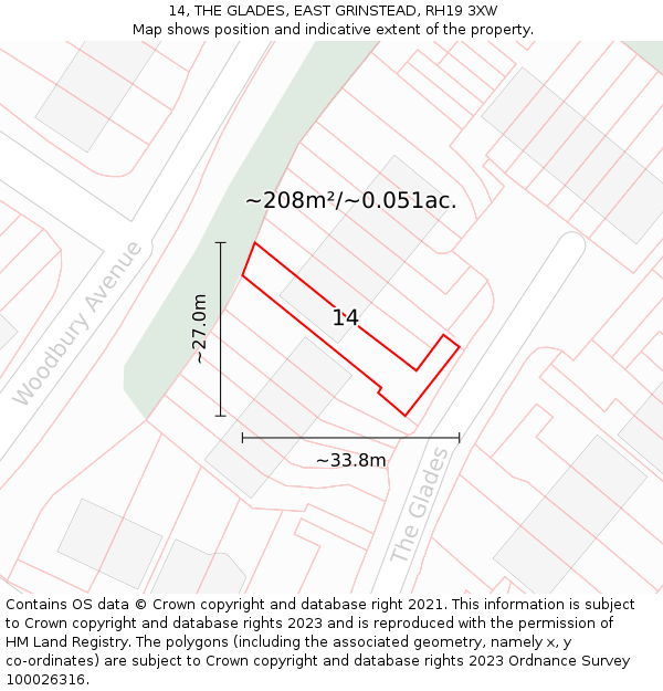 14, THE GLADES, EAST GRINSTEAD, RH19 3XW: Plot and title map