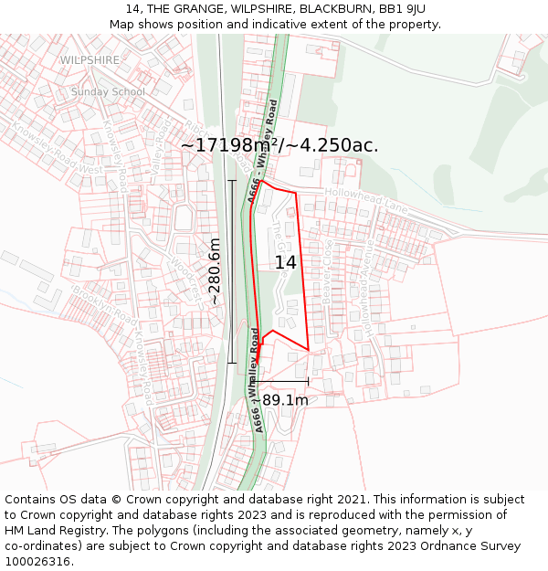14, THE GRANGE, WILPSHIRE, BLACKBURN, BB1 9JU: Plot and title map