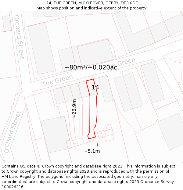 14, THE GREEN, MICKLEOVER, DERBY, DE3 0DE: Plot and title map