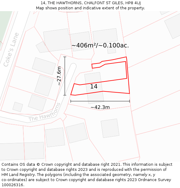 14, THE HAWTHORNS, CHALFONT ST GILES, HP8 4UJ: Plot and title map