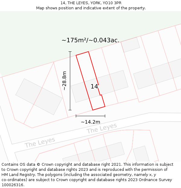 14, THE LEYES, YORK, YO10 3PR: Plot and title map