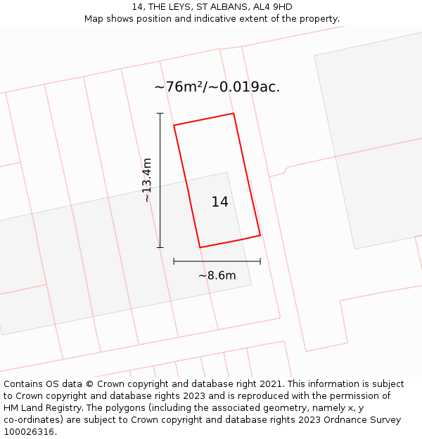 14, THE LEYS, ST ALBANS, AL4 9HD: Plot and title map
