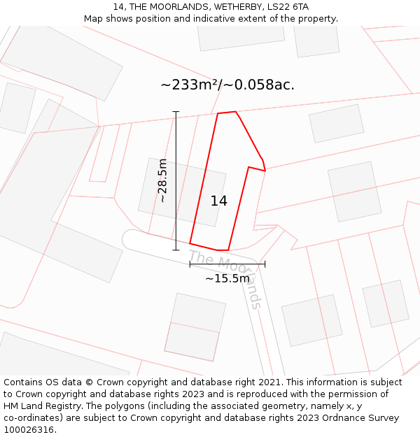14, THE MOORLANDS, WETHERBY, LS22 6TA: Plot and title map
