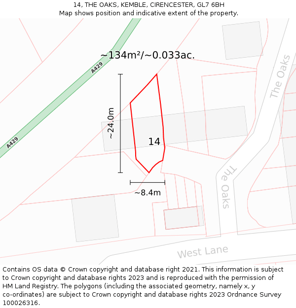 14, THE OAKS, KEMBLE, CIRENCESTER, GL7 6BH: Plot and title map