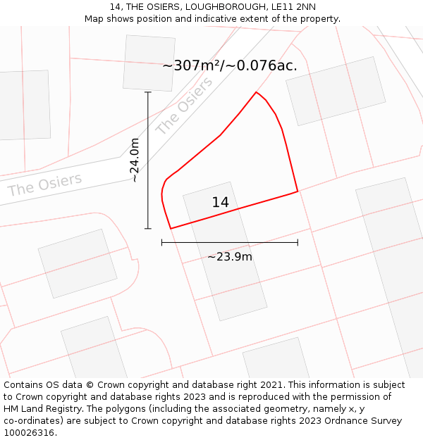 14, THE OSIERS, LOUGHBOROUGH, LE11 2NN: Plot and title map