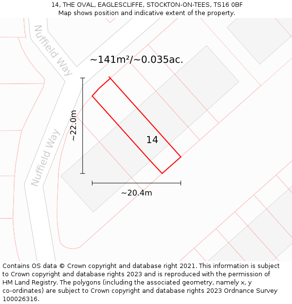 14, THE OVAL, EAGLESCLIFFE, STOCKTON-ON-TEES, TS16 0BF: Plot and title map
